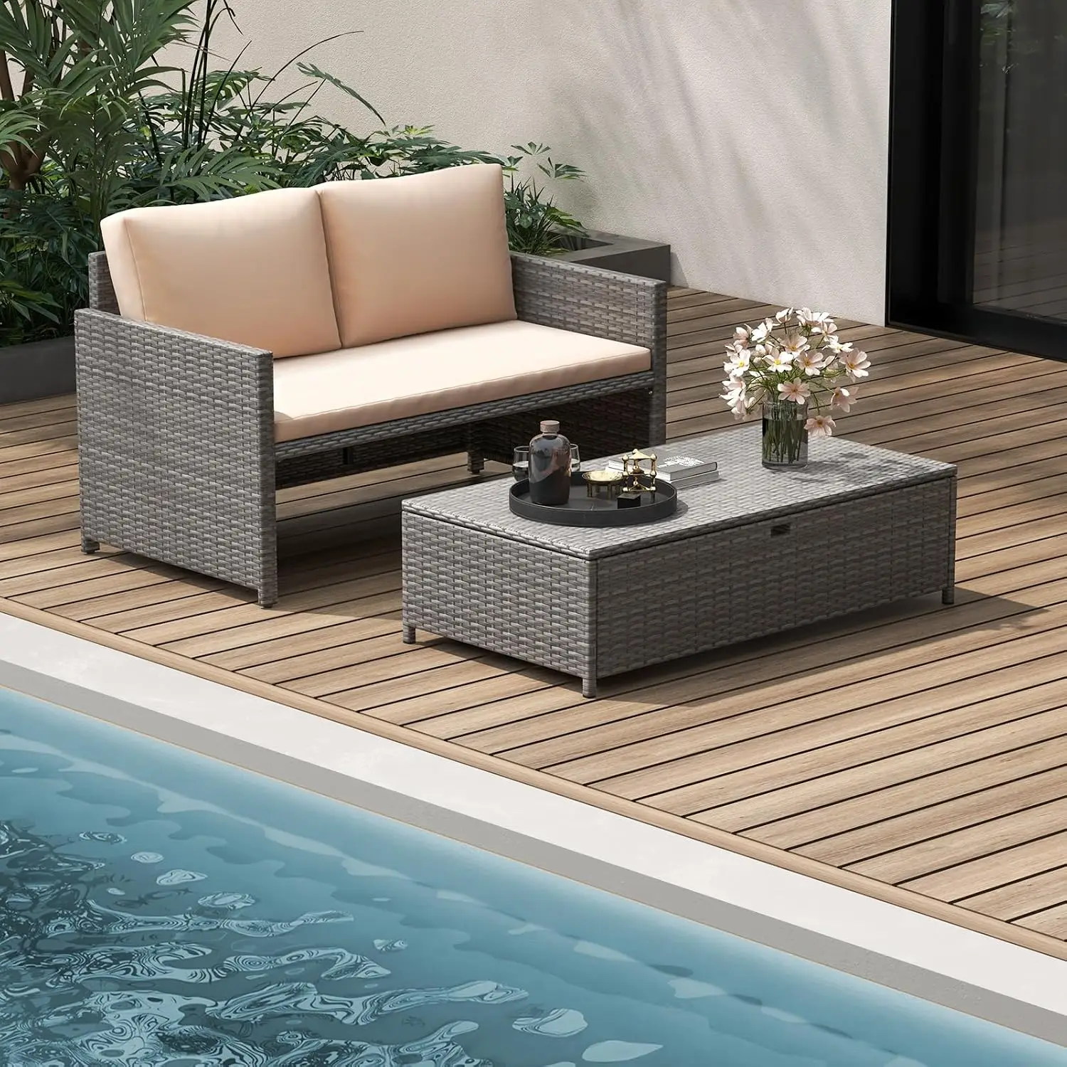 Wicker Patio Daybed With Storage Ottoman & Cushions, 2-Piece Outdoor Furniture For Pool Backyard, 2-Person Lounger, Customized