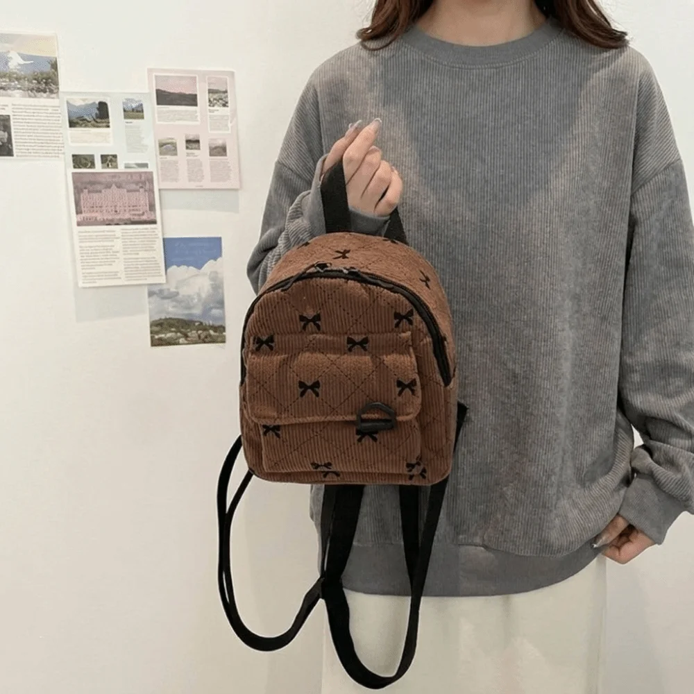 Casual Corduroy Mini Backpack Lightweight Multi Layered Bow Rucksack Zipper Cosmetic Storage Bag Shoulder Bag Daily