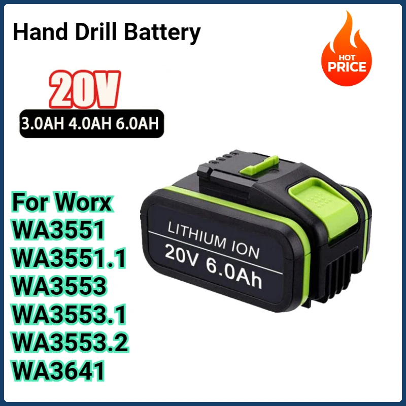 

Batterie De Remplacement Pour Worx 20V 3.0/4.0/6.0Ah WA3551 WA3551.1 WA3553 WA3553.1 WA3553.2 WA3641 Series Hand Drill Battery