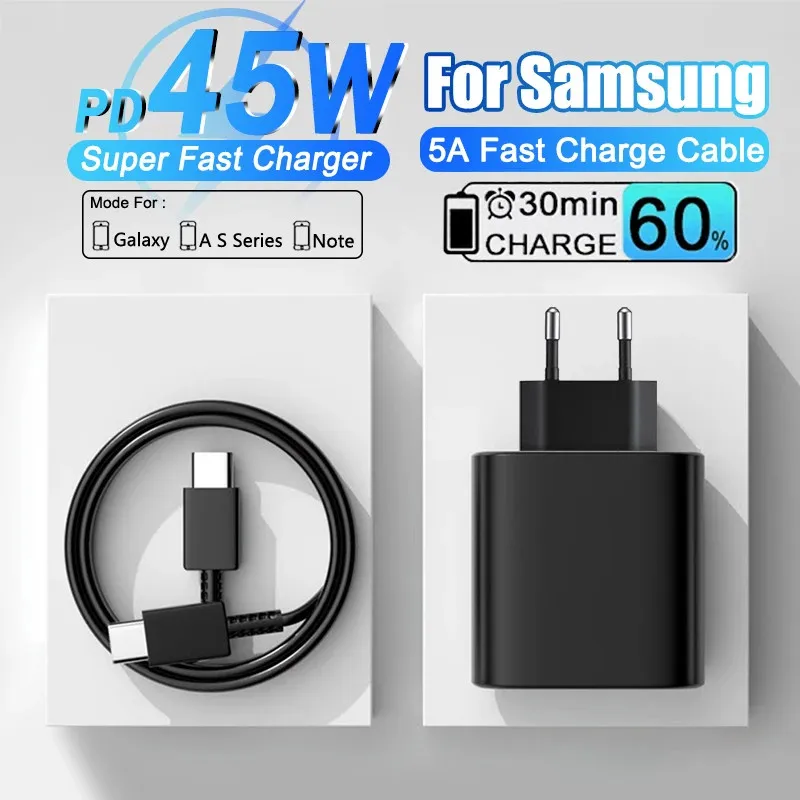 45W PD USB C Charger Wall Phone Adapter Super Fast Charging Cable For Samsung Galaxy S20 S21 S22 S23 24 Ultra S10 EU US UK Plug