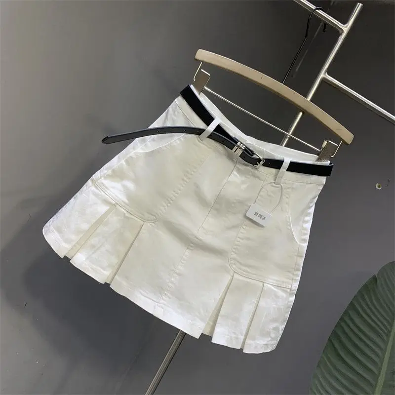 Korean Temperament White High Waist Denim Skirt Female 2024 Summer Niche A-word Anti-exposure Pleated Skirt Female