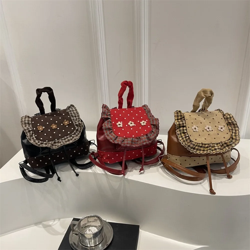 

Sweet Lace Trim Mini Backpack Korean Style PU Leather Small Book Bag Polka Dot Flower Backpack Women
