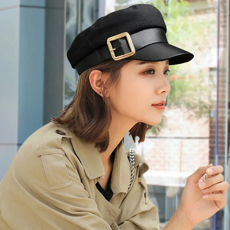 Fashion beret metal buckle leather PU Navy hat every British retro fashion hat