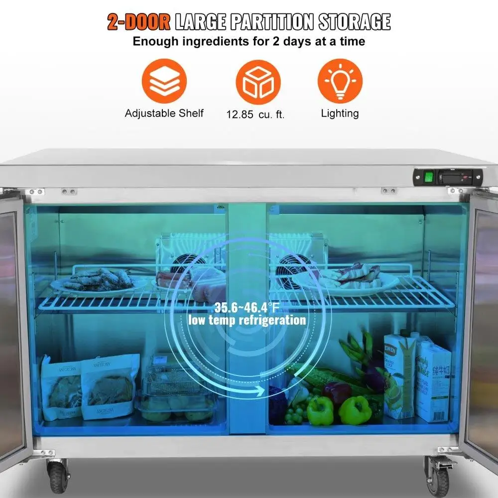 48 นิ้วสแตนเลสภายใต้เคาน์เตอร์ตู้เย็น 12.85 Cu Ft 2 ประตู Prep Station พร้อมล็อคสําหรับร้านอาหารบาร์