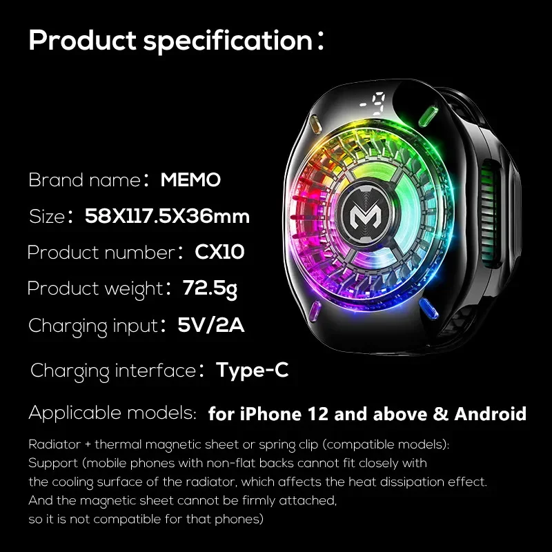 مبرد هاتف MEMO CX10 لأشباه الموصلات مع مشبك مغناطيسي لأضواء RGB على تبريد قوي لتجمد الجليد للألعاب والبث المباشر #6