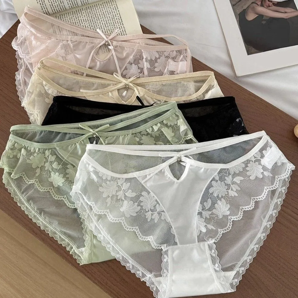 Calcinhas Finas de Cintura Baixa em Renda, Roupa Íntima de Seda Satin com Forro de Algodão para Mulheres, Calcinhas Transparentes em Renda Confortáveis