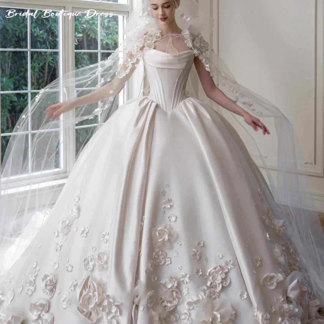 

Роскошное изысканное кружевное свадебное платье невесты с аппликацией по индивидуальному заказу, атласное свадебное платье без бретелек без рукавов, бальное платье со шлейфом