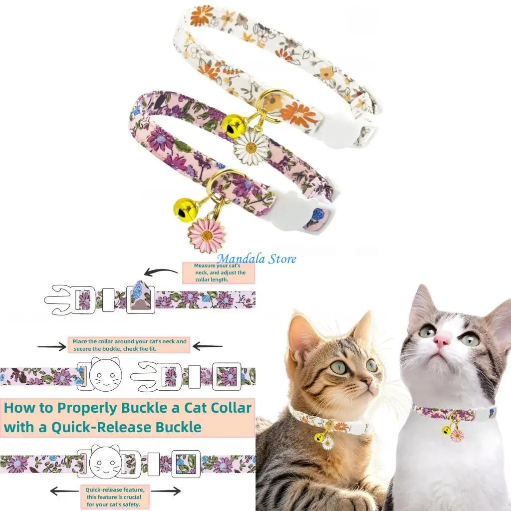 

U2JC （2 Pack） Cotton Breakaway Collars Set with Bells and Flower Pendant, Floral Fruit Patterned, Adjustable 7.5-11Inch
