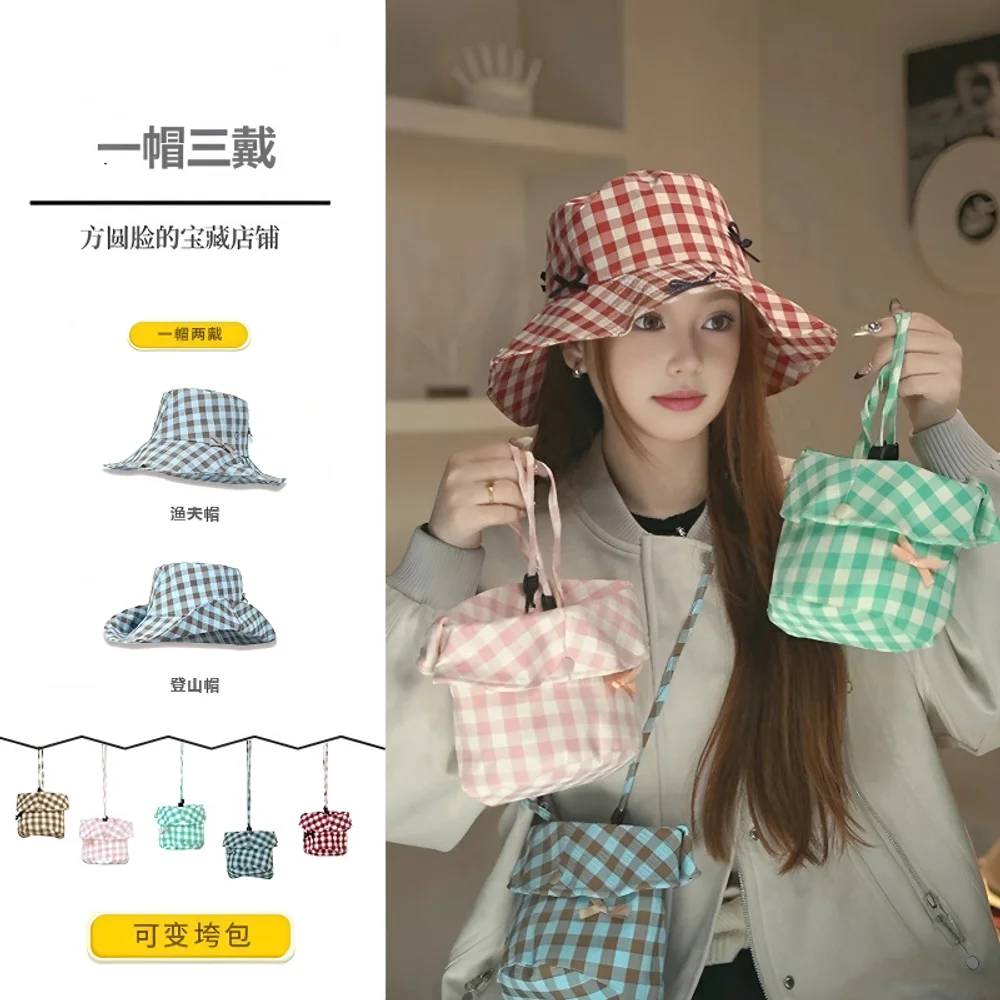 

Sweet butterfly checkered fisherman hat, thin design, large brim, sunshade and sun protection hat, outdoor hiking hat