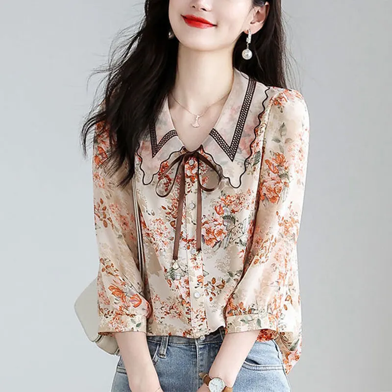 Elegant Simplicity Printing Chiffon Shirts for Women, Casual Tops for Office Lady, Elegant Clothes for Spring, New Style