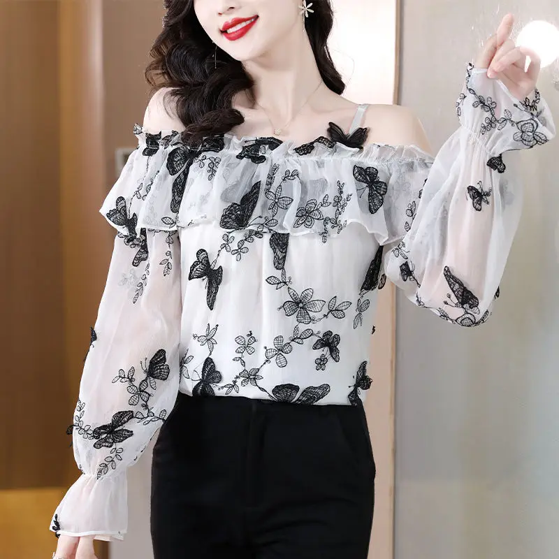 One Shoulder Shirt with a Female Design Sense Niche French Chic Small Shirt Floral Chiffon Top