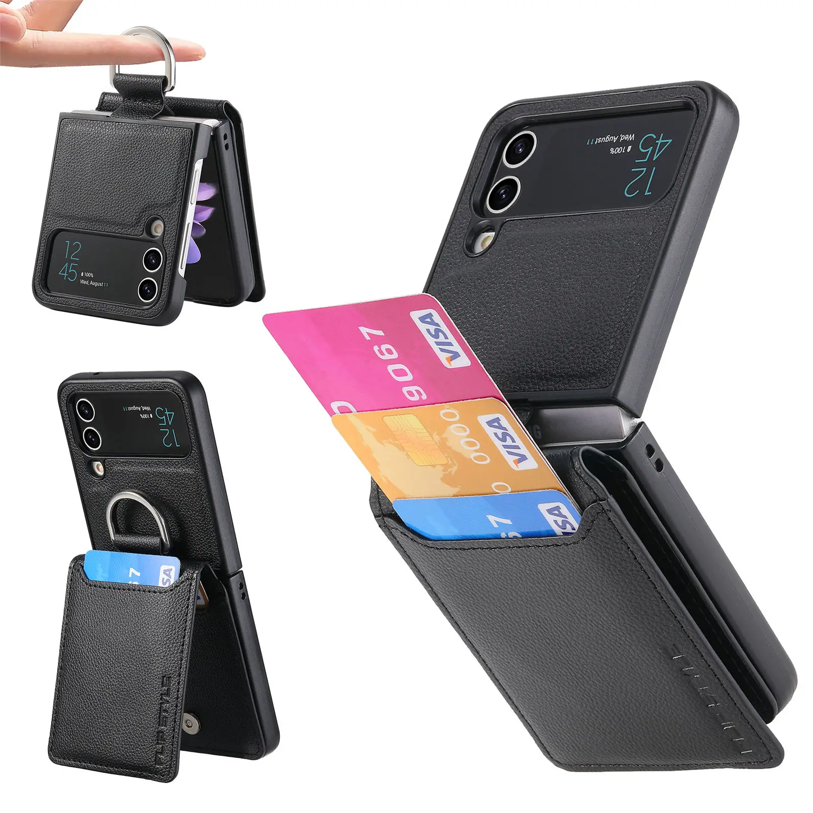 Vertical Cards Solt Magnetic Wallet Ring Holder Leather Case for Samsung Galaxy Z Flip 8 7 FE 6 5 4 Flip4 5G Zflip4 Stand Cover
