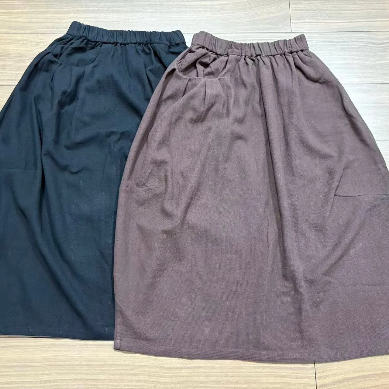 Retro Herringbone Pure Linen High Waist Midi Skirt Women's Summer New Elastic Waist Linen  Color A-Line Skirt