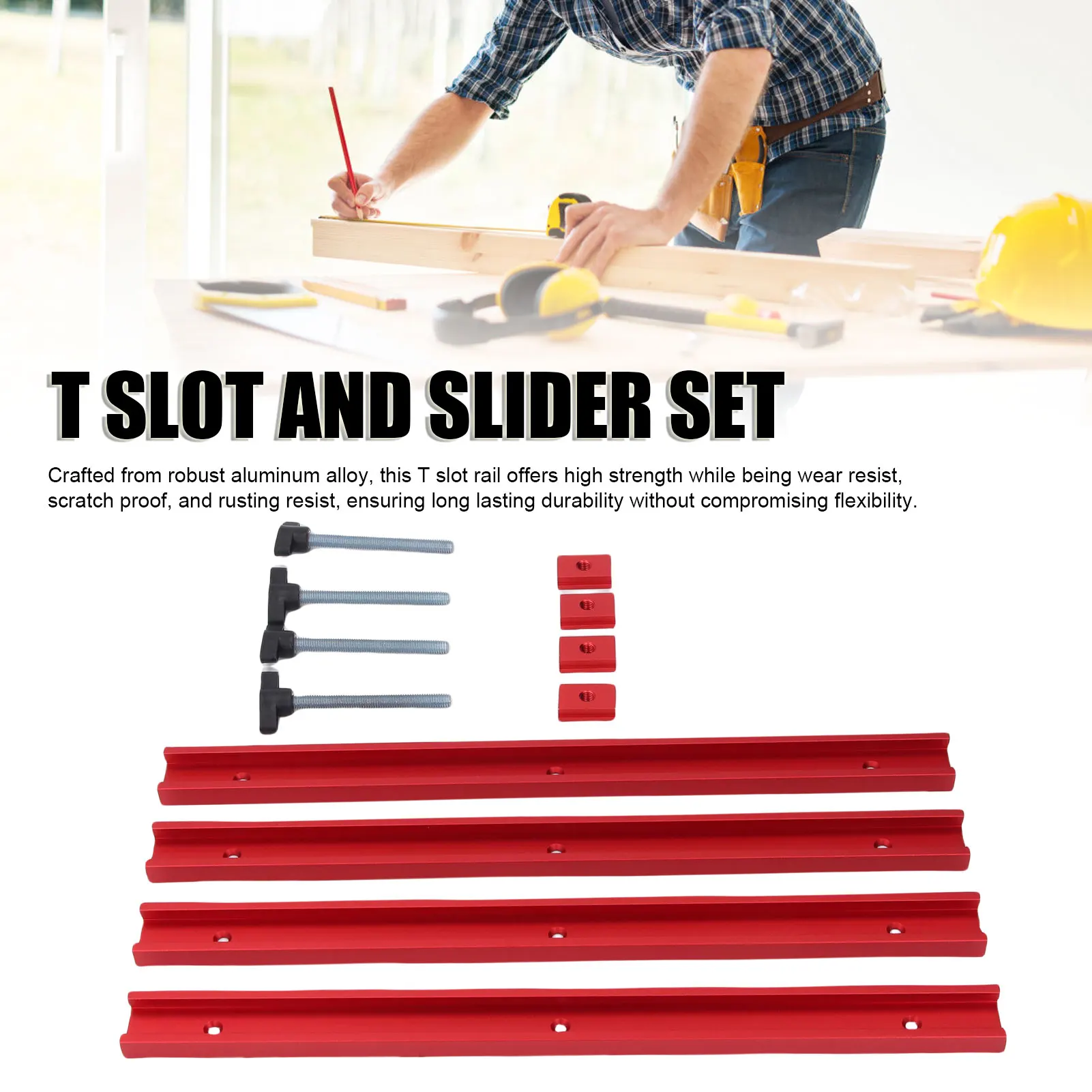

T Slot and Slider Set High Flexibility Red Double Cut Aluminum Alloy T Track M8 Slider Block for Woodworking Projects