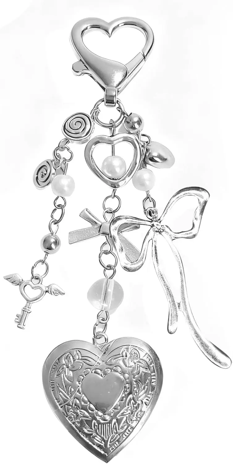 

Heart Shaped Locket Keychain Cute Silver Bag Charm Gift for Women