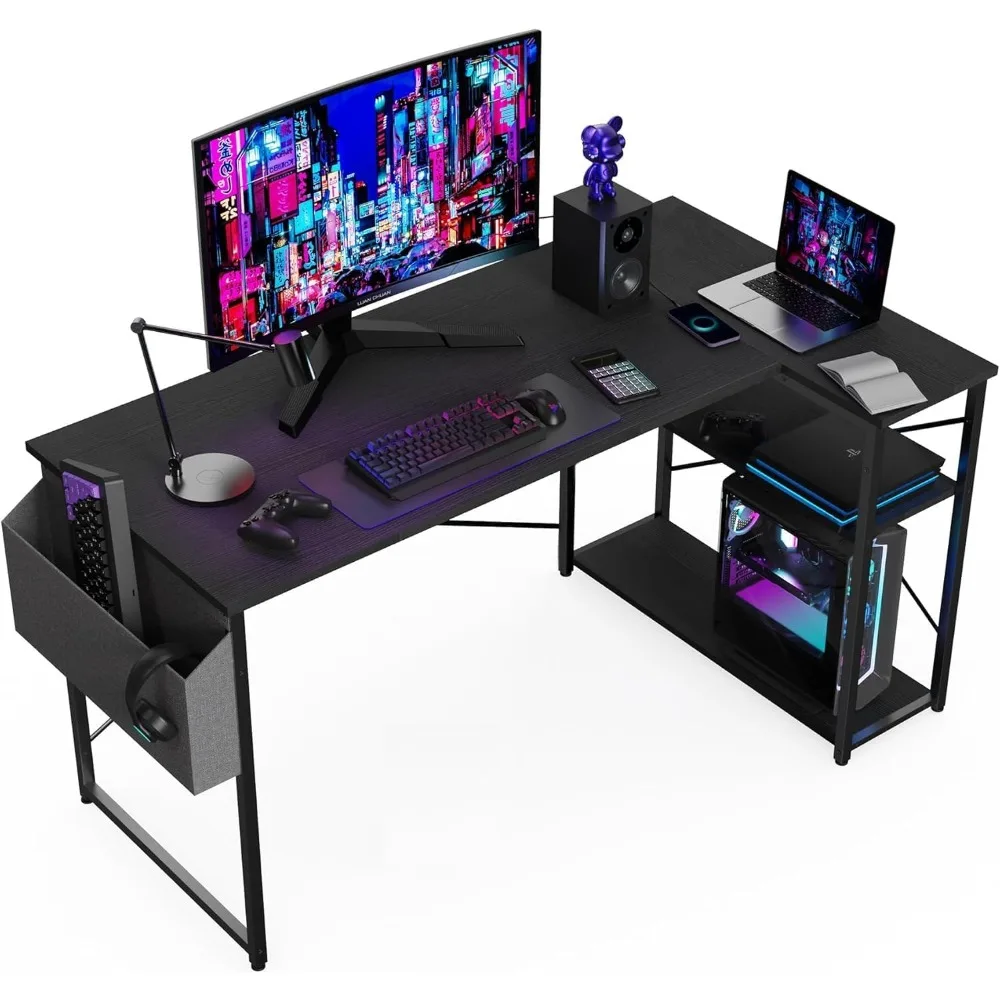 Bureau Gaming d'angle, 100x70 cm Petit Table Forme L Bureau Etagères Rangements, Angle Réversible Bureau de Jeu Informatique G