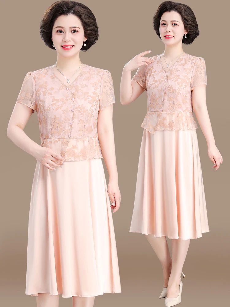 

Элегантная летняя юбка миди для женщин среднего возраста, модная шифоновая длинная юбка для женщин старше 40 лет, V-образный вырез, свободный крой, полиэстер