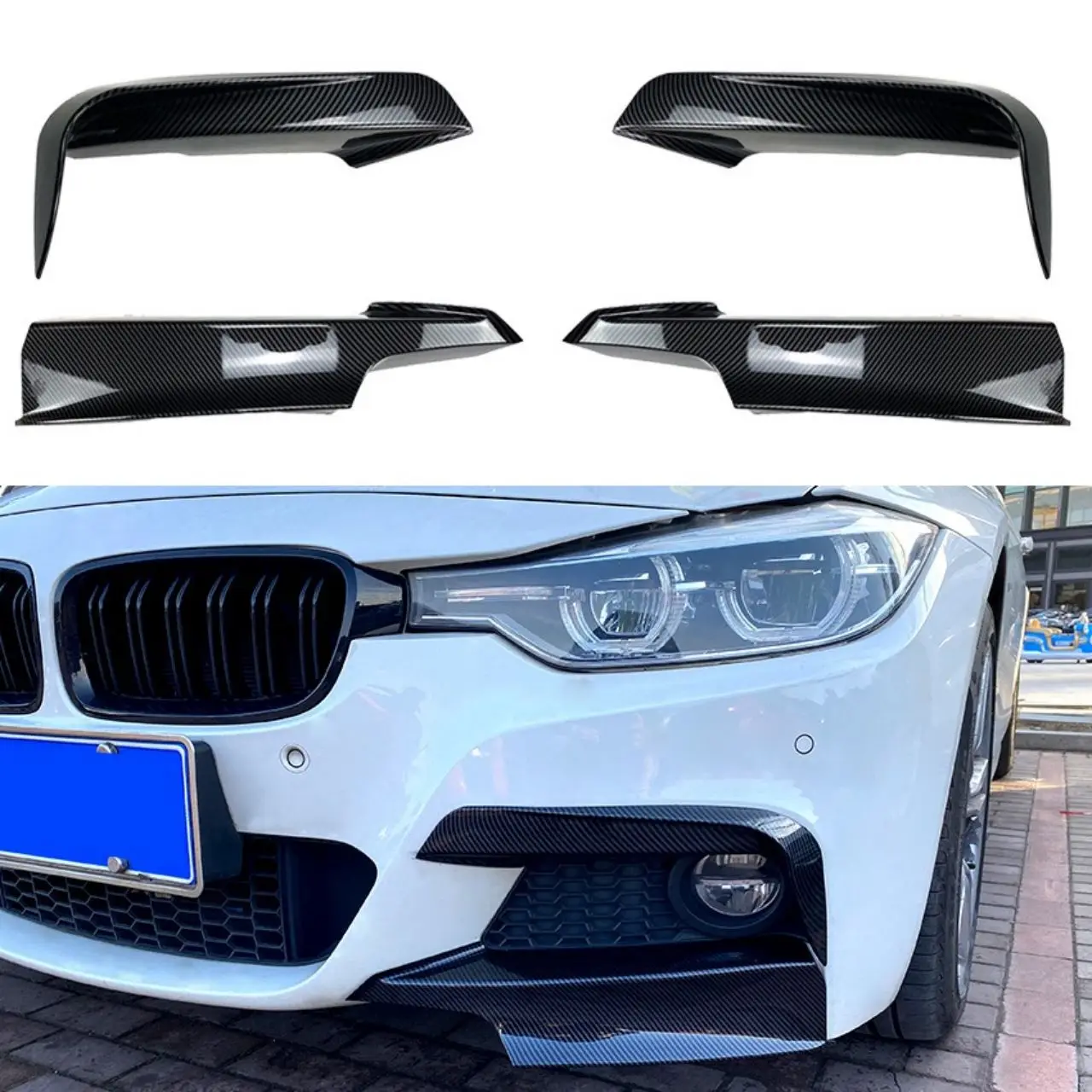 4pcs For BMW 3 Series F30 F35 M Pack 320I 325I 2013-2019 Front Bumper Lip Diffuser Splitter Spoiler Fog Lamp Cover Stickers