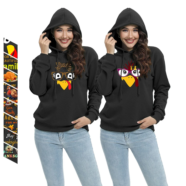 2024 New Thanksgiving Turkey Small Cartoon Iron-On Casual Sweatshirt Women's Printed Hooded Sweatshirt