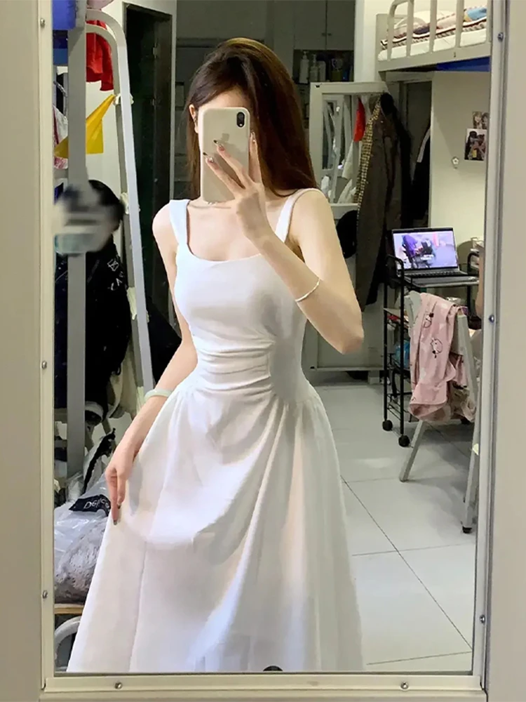 

White Strapl Waist-Cinching Summer Dr Women's Beach Vaion Long Dr Sweet Japanese Sle A-Line Skirt No Sve