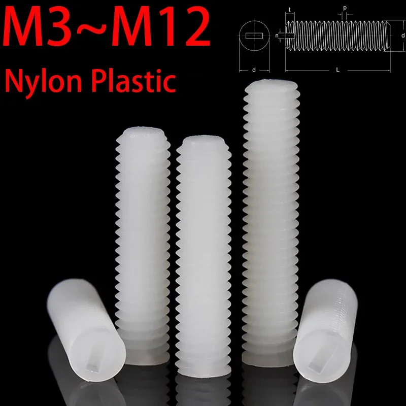 M3 M4 M5 M6 M8~M12Metric Thread White Nylon PA66 Plastic Insulated Slotted Flat Point End No Head Headless Grub Bolt Set Screw