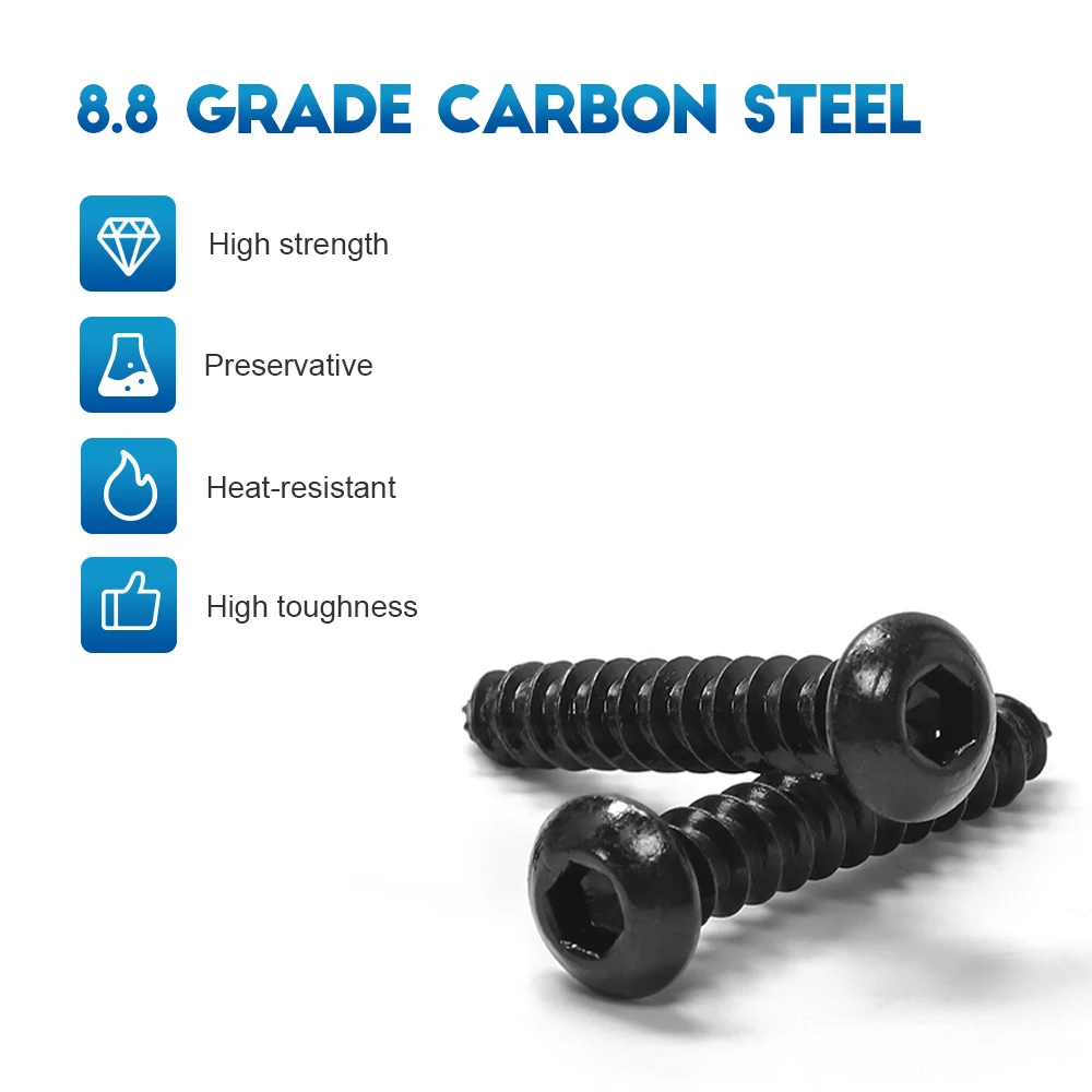 NINDEJIN 10-100pcs Round Button Head Hex Self Tapping Screw M2 M2.5 M3 M3.5 M4 M5 M6 Carbon Steel Allen Hex Socket Wood Screws