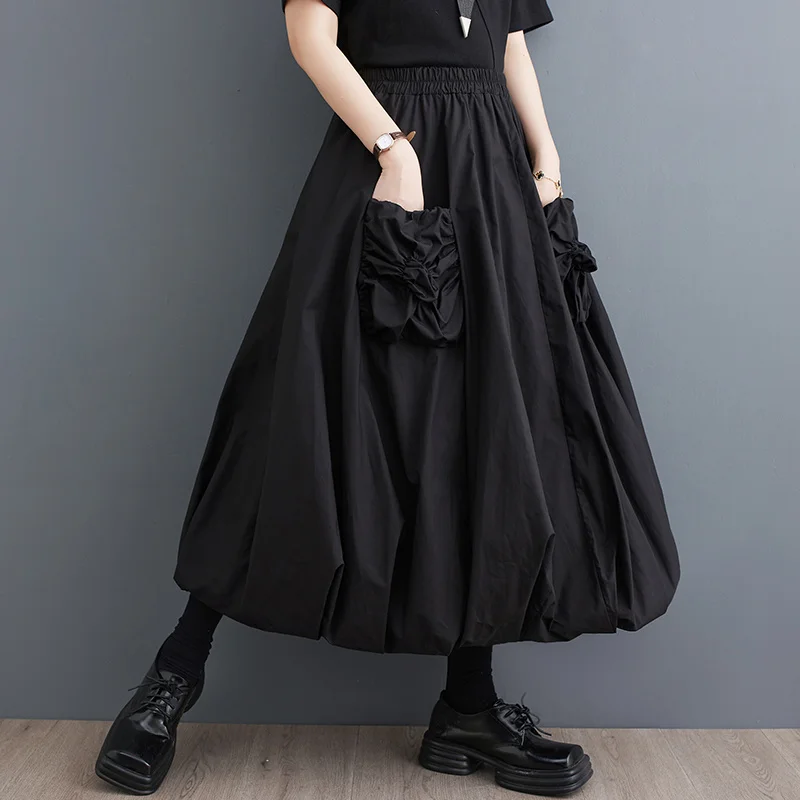 #3007 Spring Summer Black A-line Skirts Vintage High Waisted Pleated Skirt Women Pockets Loose Double Layer Midi Skirts Ladies