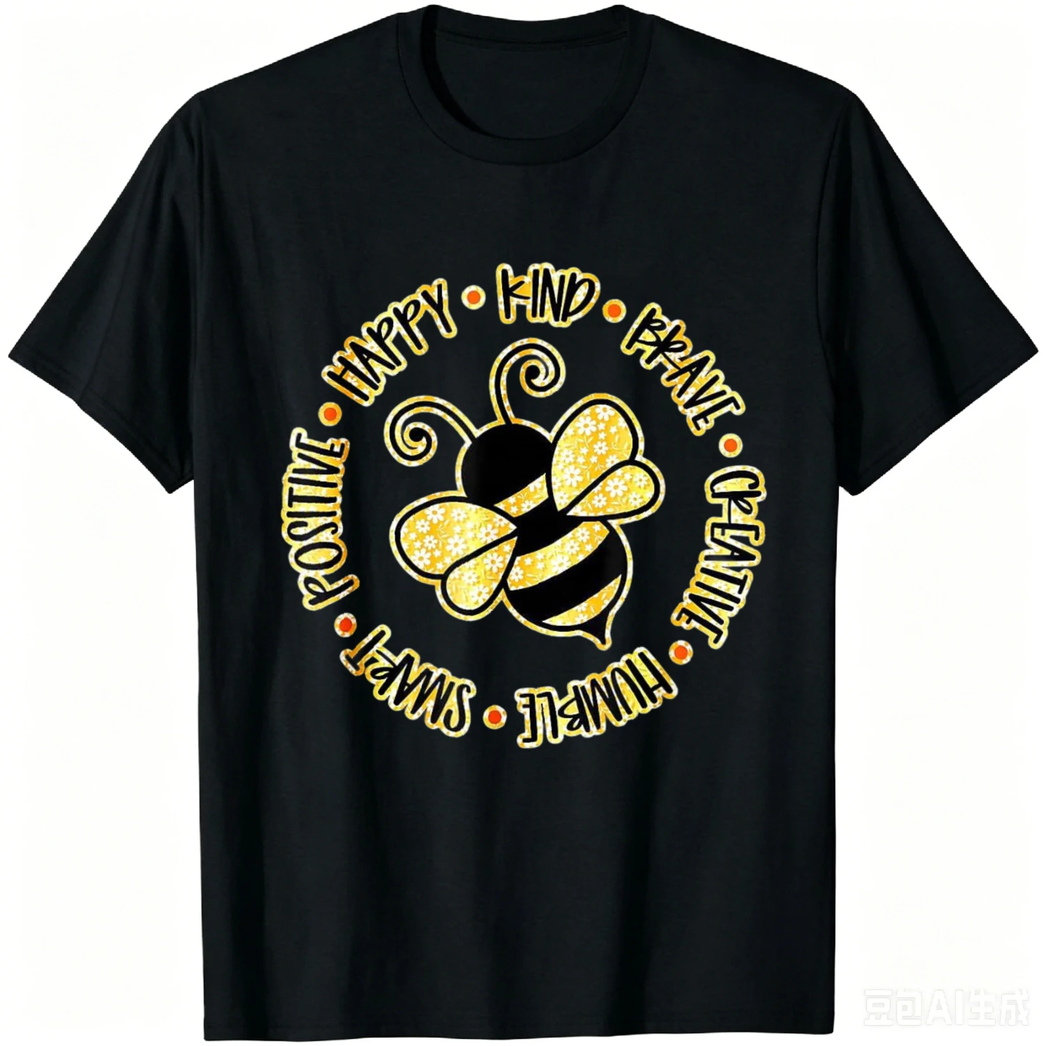 Bee Happy Kind Brave Humble Smart Positive Bumblebee T-Shirt Cotton T Shirt Short Sleeve Crew Neck Unisex Tee Men Women Boxy Fit