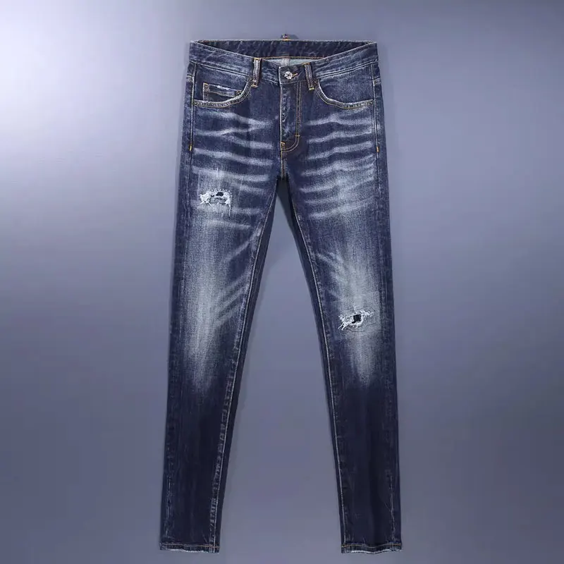 Men Dark‑Blue Tiger Stripe Washed Small Ripped Hole Distressed Stretch Skinny Denim Jeans Hip‑Hop Streetwear Denim Jeans