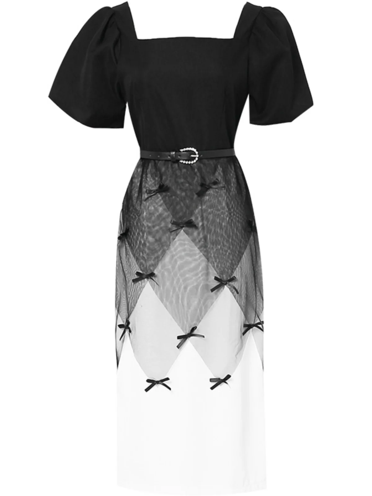 French Style Elegant Commuter Mesh Stitching Bow Plaid Square Collar Puff Sleeve High Waist Slim Fit Sheath Dress Women Summer