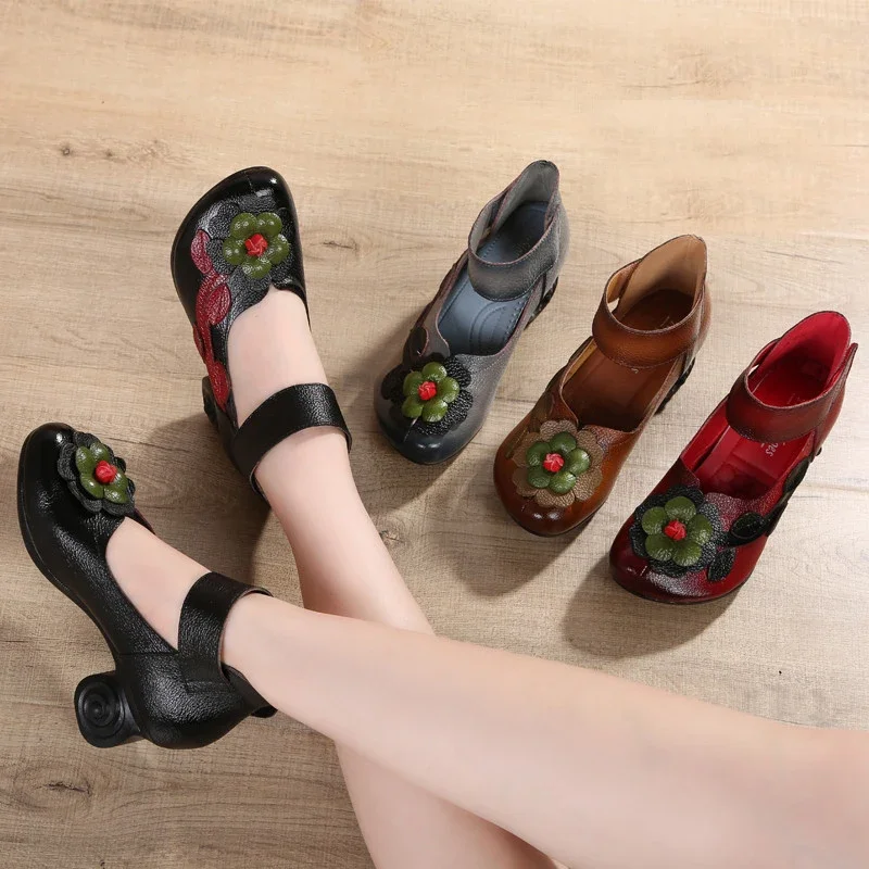 YAERNI  Ethnic Style Women\'s Shoes Summer Leather Flowers Round Top Non-slip Retro Middle Ages Aged Roman Mother Pumps Gift