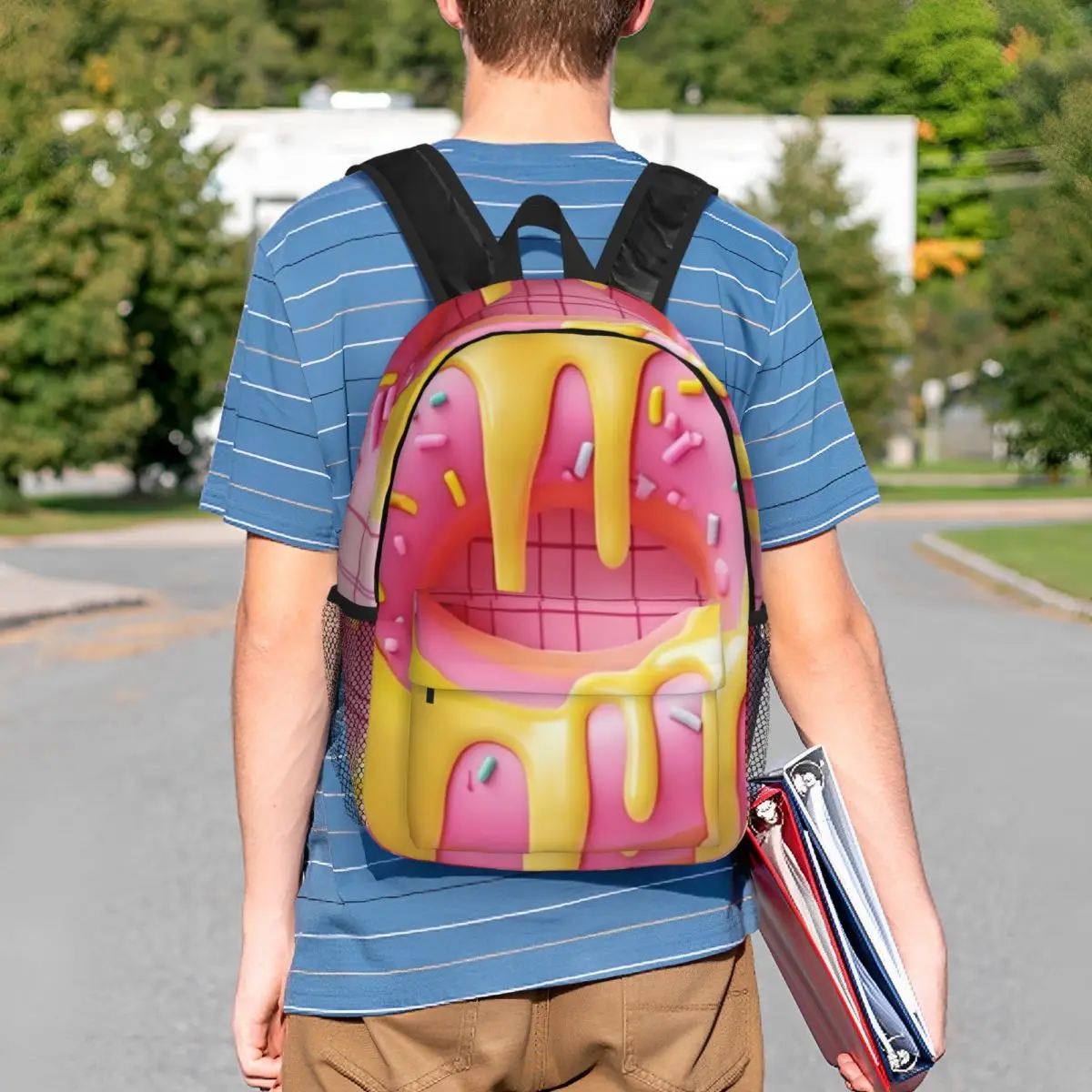 Ice Cream Donut In Pink Grid Background Backpack Student BookBag Children School Bag Computer Shoulder Bags for Men Women