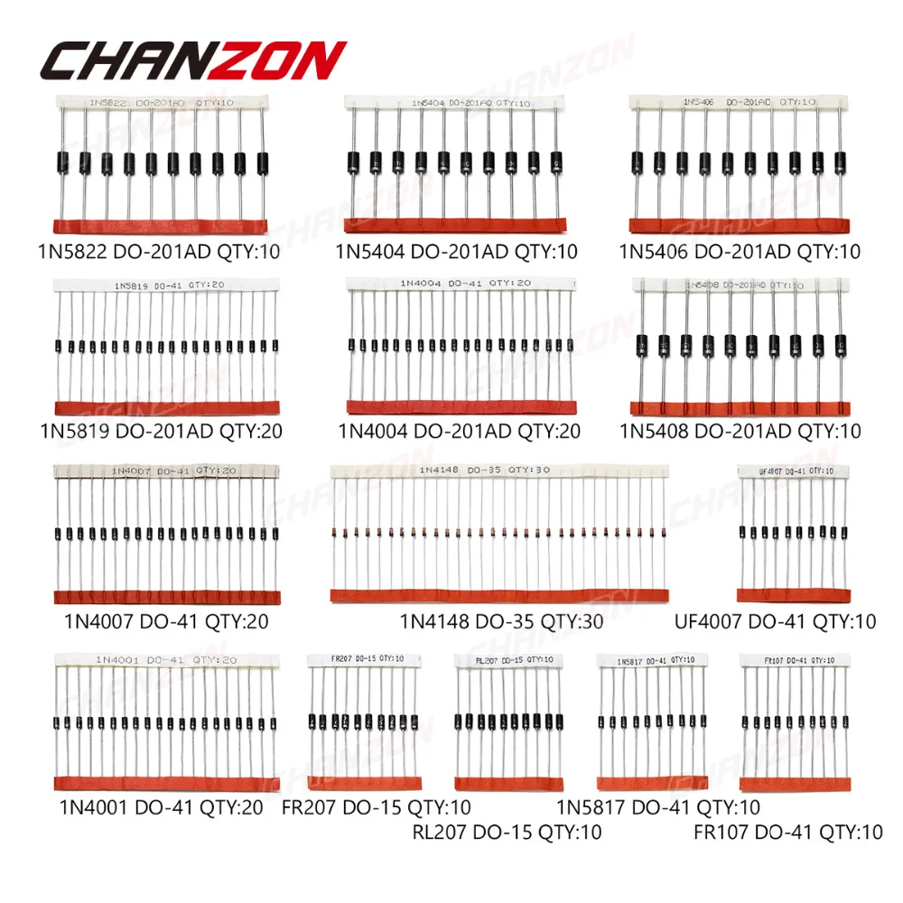 14 Values Fast Switching Schottky Diode Assorted Kit 1N4001 1N4004 1N4007 1N5408 UF4007 FR207 1N5817 1N5819 1N5822 1N4148 RL207