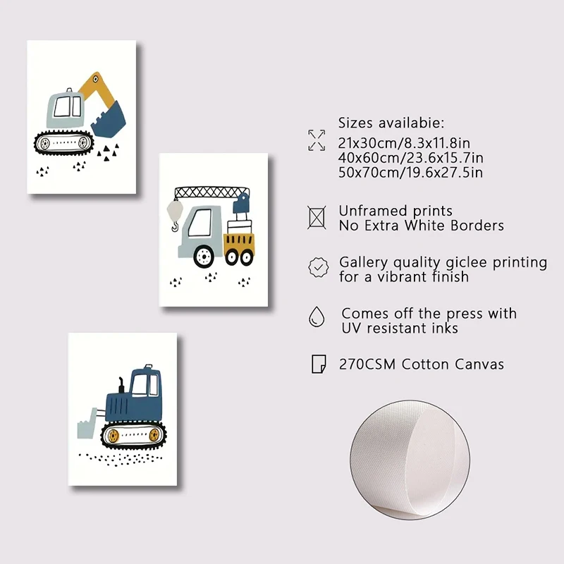 3pcs frameless Canvas Painting Modern Cartoon Art 3pcs Canvas Poster Crane Excavator Tractor Print Poster Living Room Children's