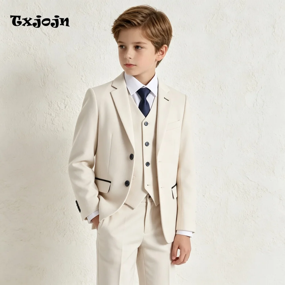 Casual Beige Boys Suit Trend Jacket Pants Vest 3 Piece Set Formal Blazer for Kids Wedding Tuxedo Suits 2-16 Years Custom Clothes