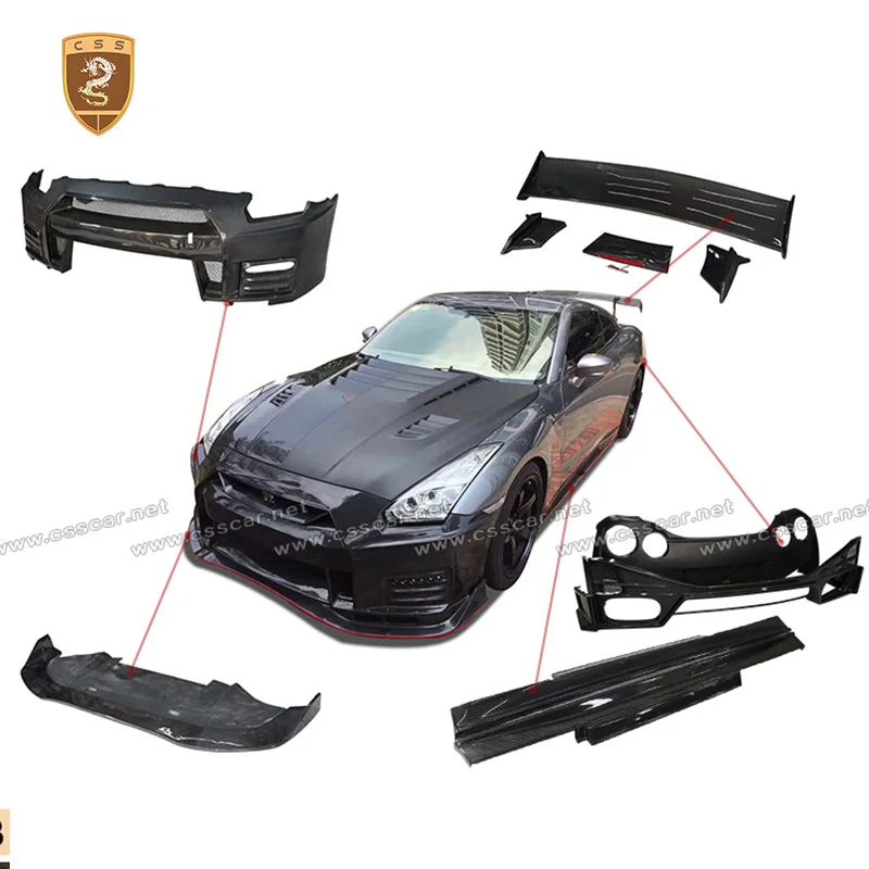 

Для Nissan GTR обновленный стиль NISMO, полууглеродное волокно, передний бампер, окружающая защита с губным споolier, крыло, гоночная крышка, боковая юбка