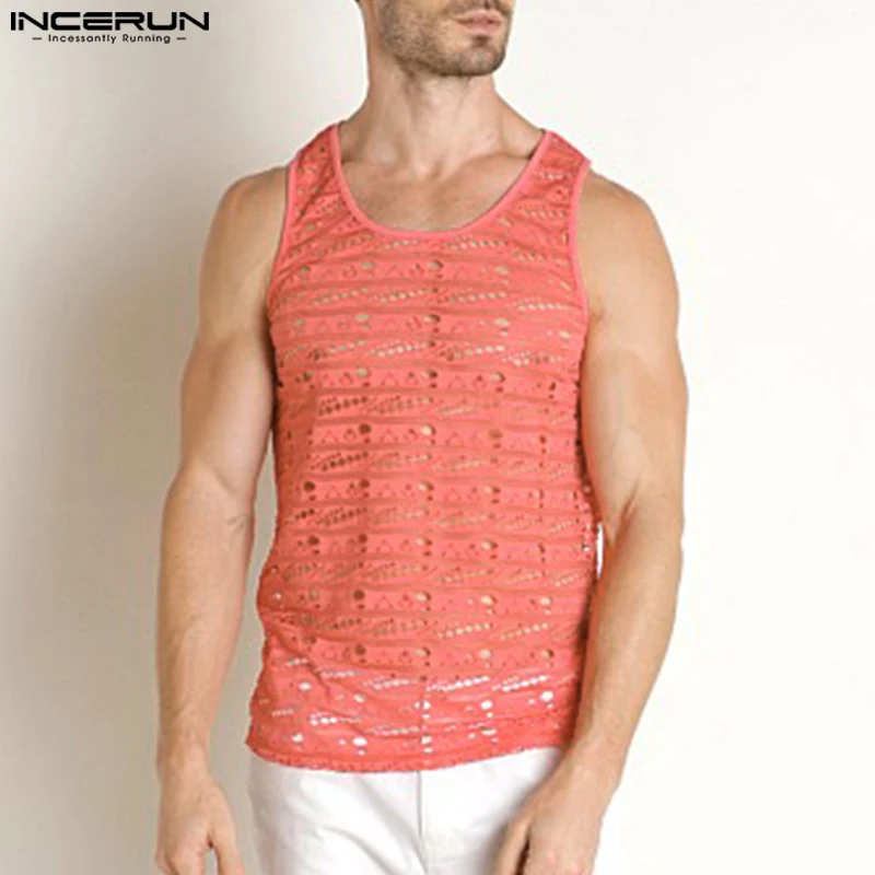 INCERUN Men Tank Tops Lace Hollow Out Transparent O-neck Sleeveless Male Vests Streetwear 2024 Summer Sexy Fashion Men Clothing