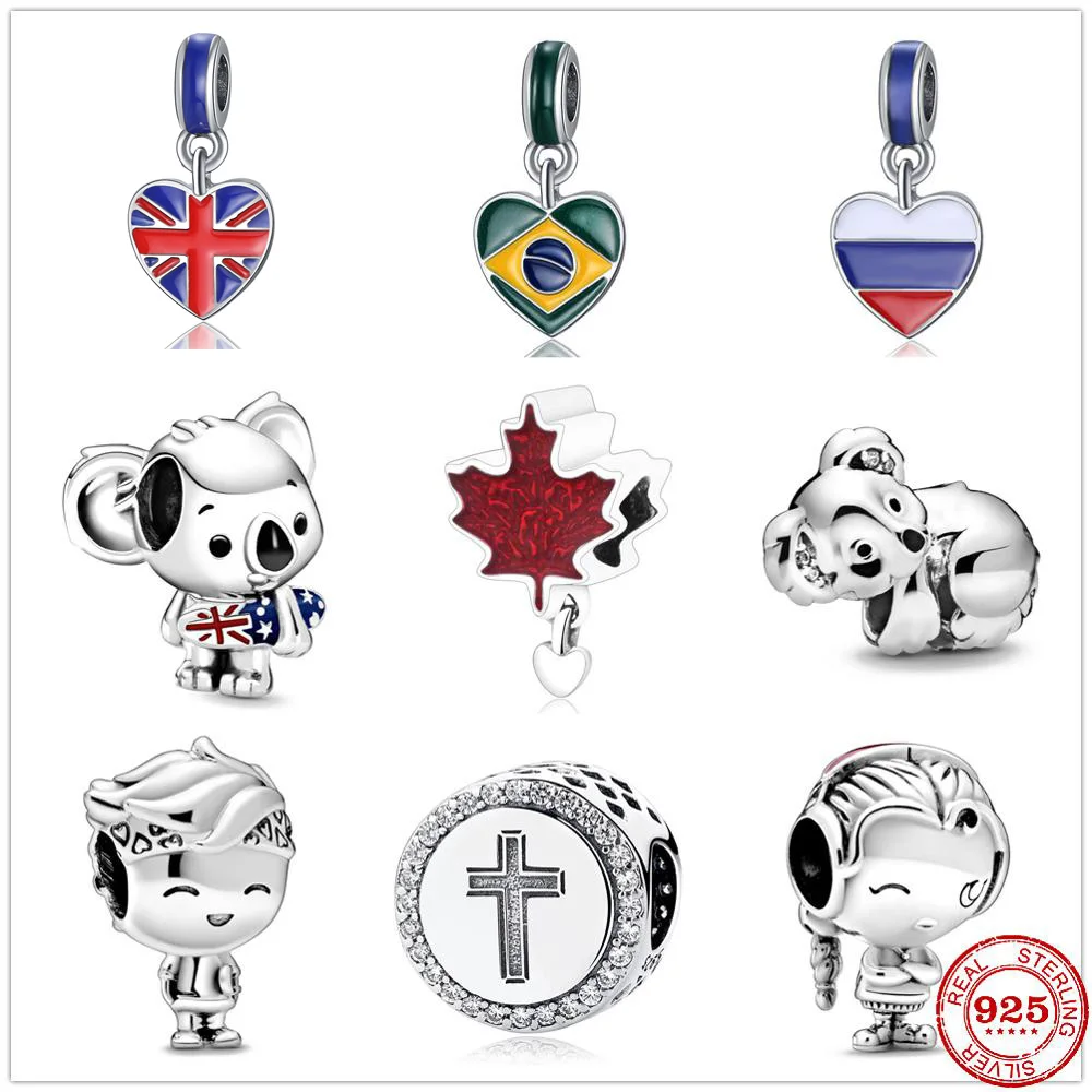 

2021 New United Kingdom Russia Brazil Cross Pandora Beads fit Original Pandora Charms Silver 925 Bracelet DIY Women Jewelry