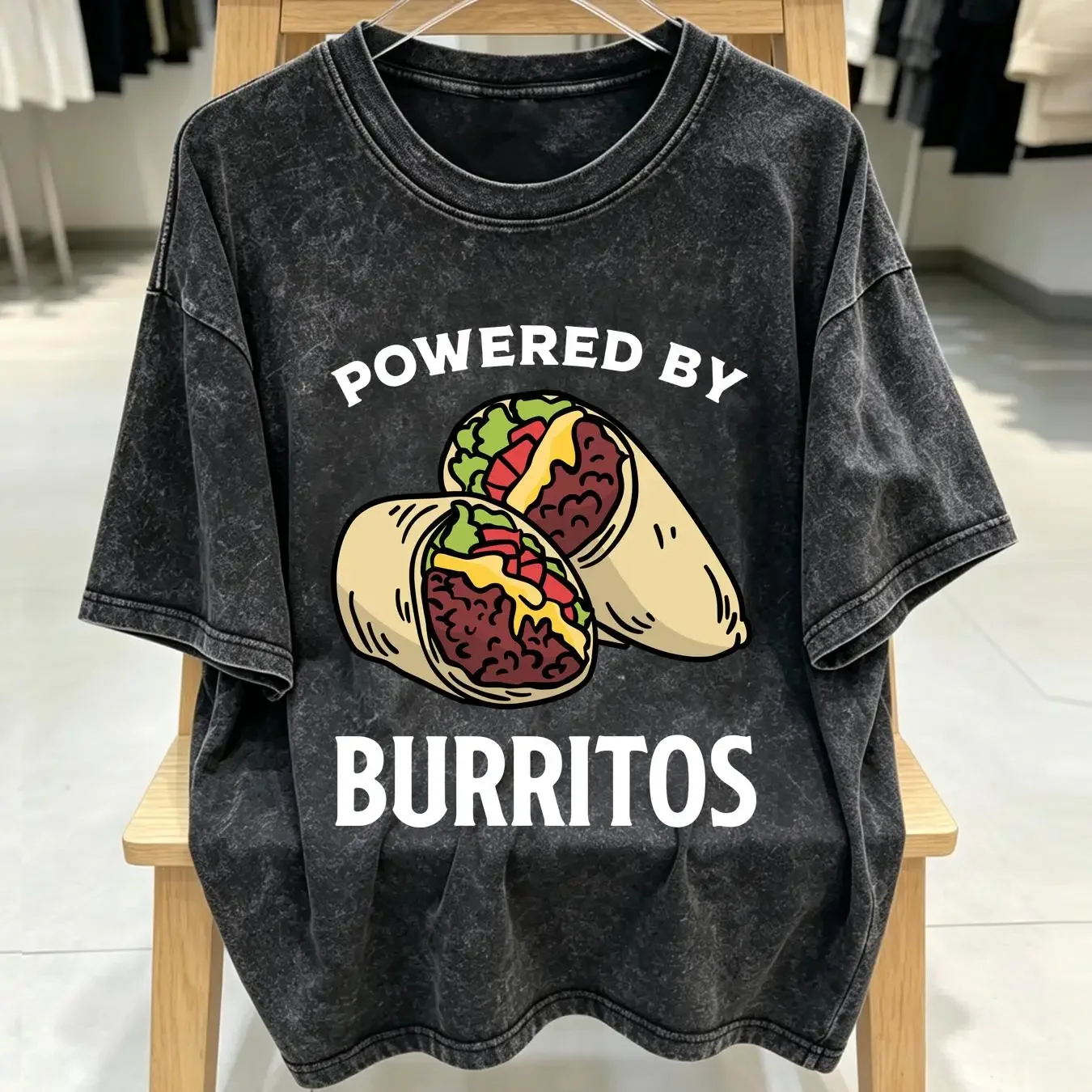washed T Shirt Powered By Burritos Burrito Lover Saying Funny Idea Eater long or short sleeves vintage Washed Unisex Soft