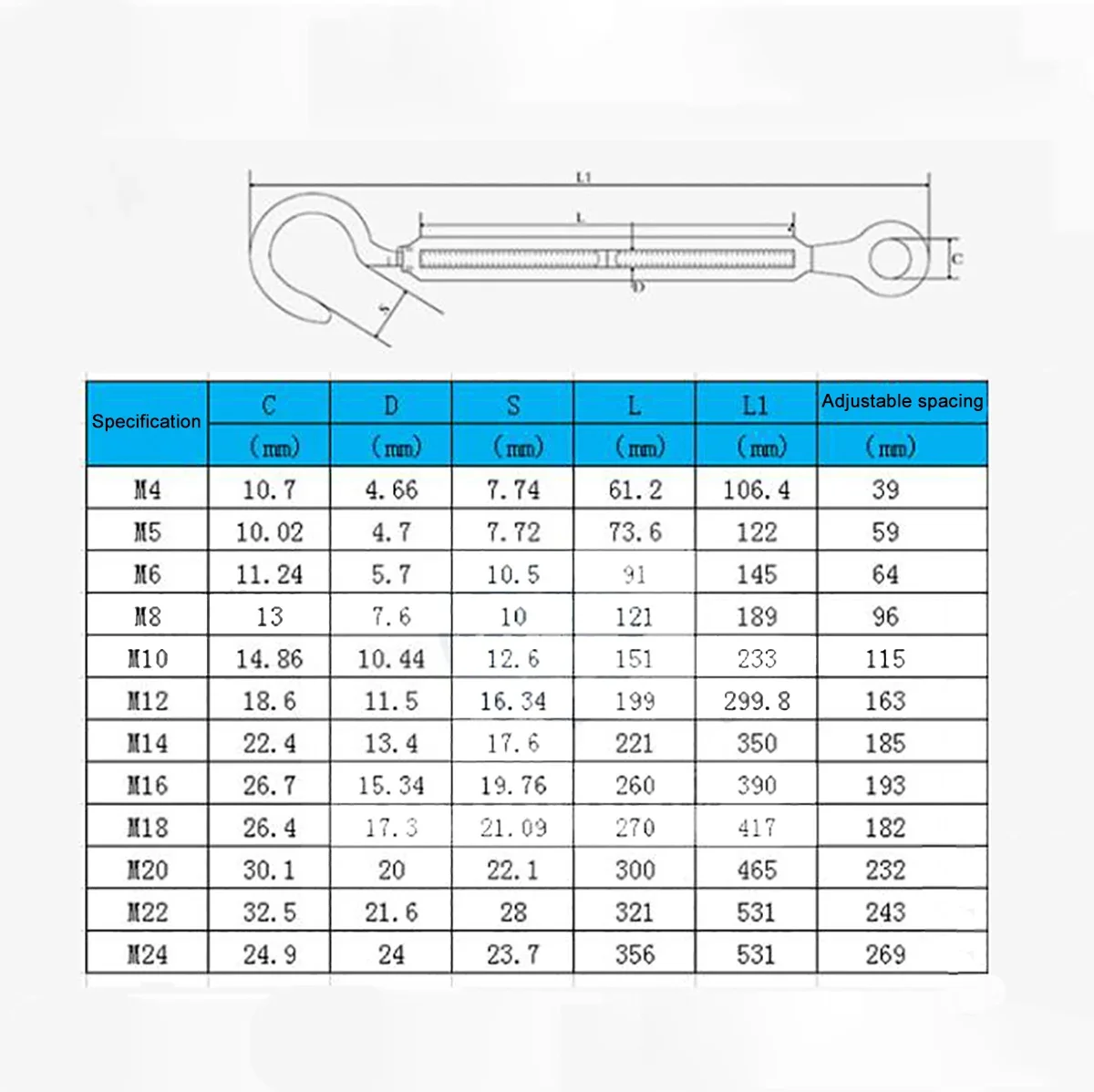 1 Uds A2 304 gancho de acero inoxidable y tensor de ojo tensor de tensión de cuerda de alambre M4 M5 M6 M8 M10 M12 M14 M16 M18 M20