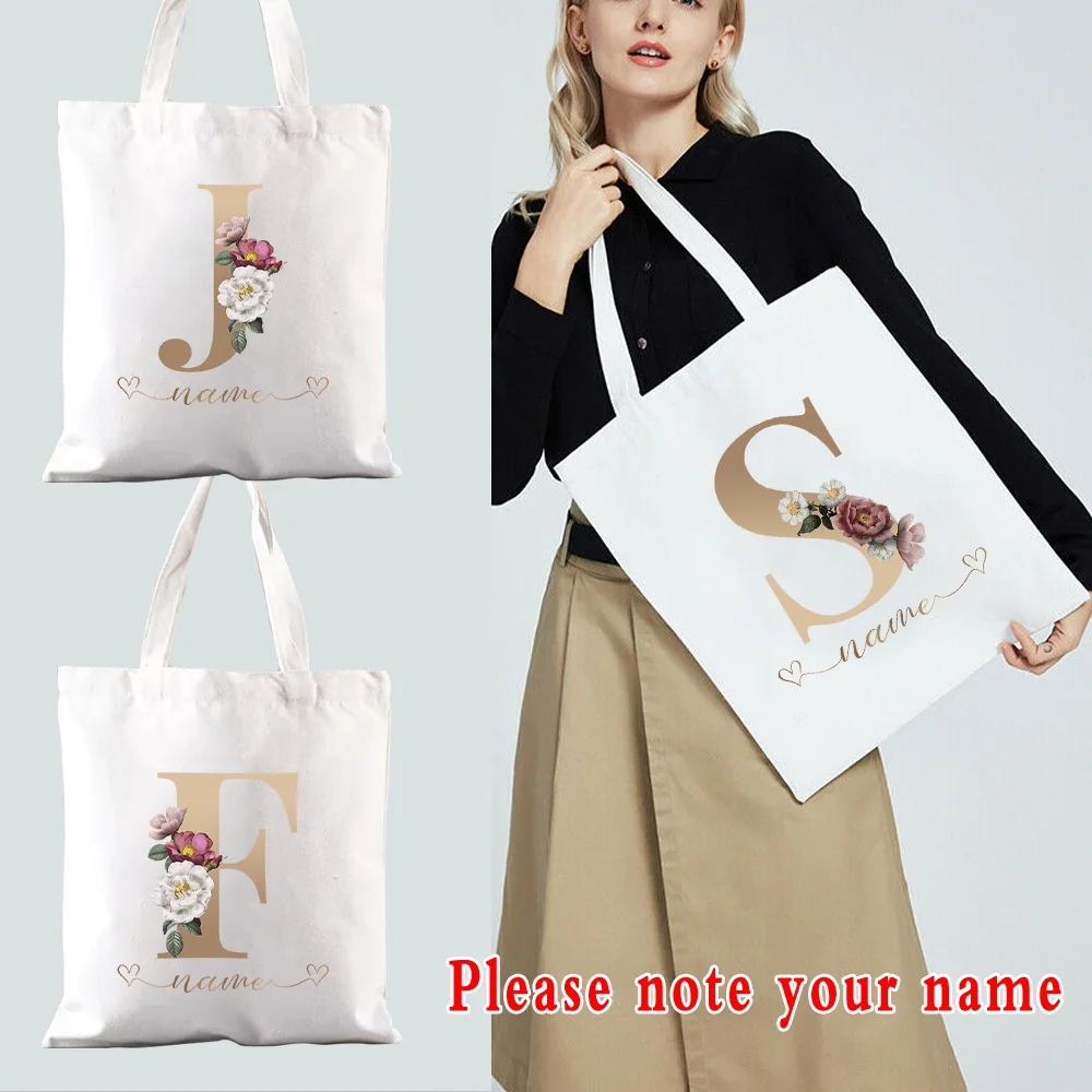 

Women Shopping Bag Casual Large Capacity Shoulder Bags Canvas Gold Flower 26 Letter Customize Name Tote Bag Harajuku Handbags