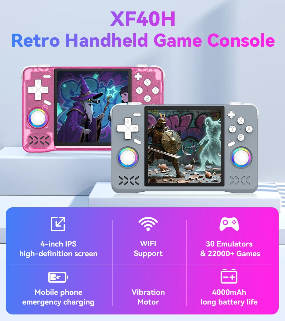XF40H Retro-Handheld-Spielekonsole, Linux OS, 4,0-Zoll-IPS-Bildschirm, tragbarer Game-Player, unterstützt 5G WiFi 30 + Emulatoren mit 22.000+ Spielen