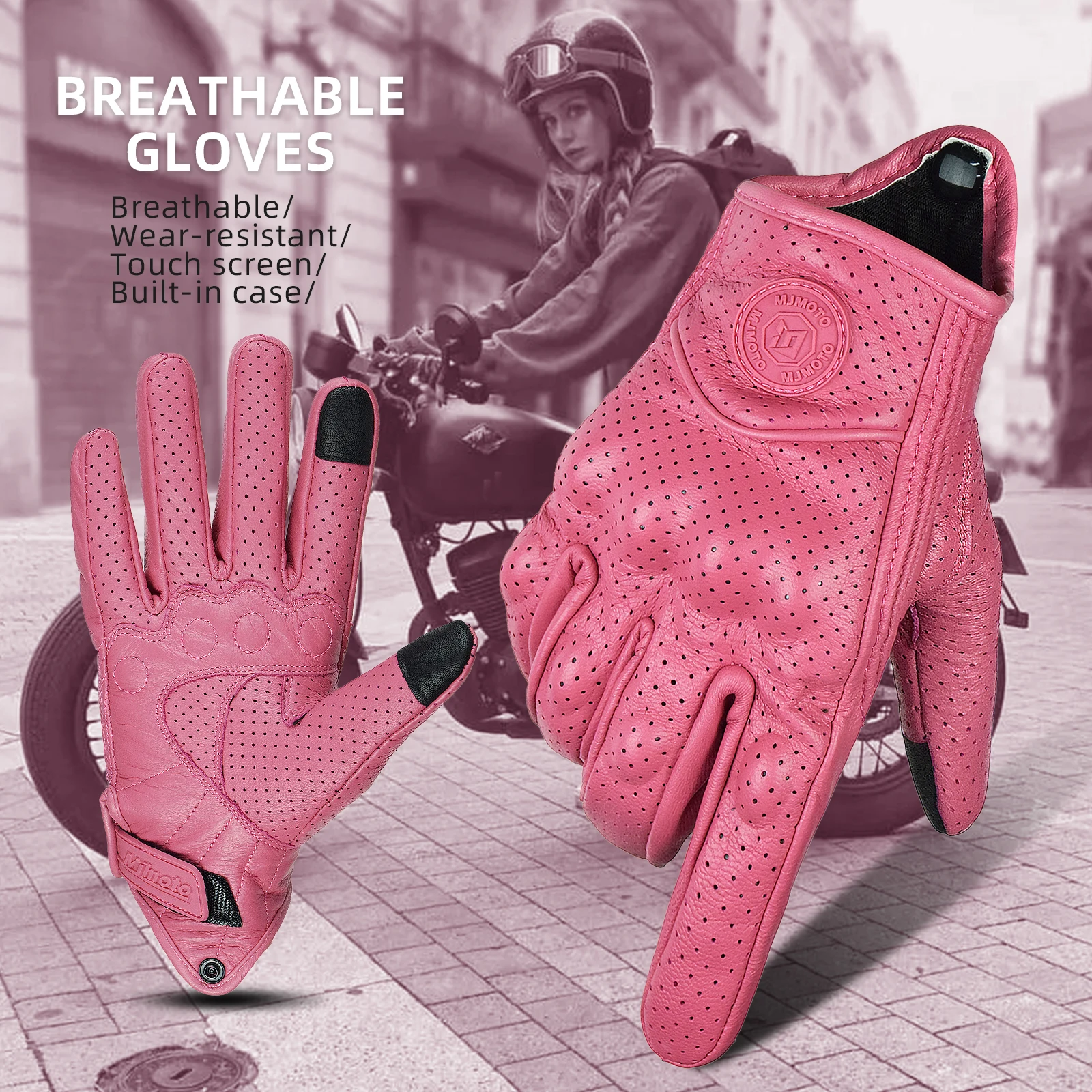 

Vintage Pink Goat Leather Motorcycle Gloves for Women's Summer Touchscreen Motorbike Motocross Gloves XS-M Motorcyclist Guantes