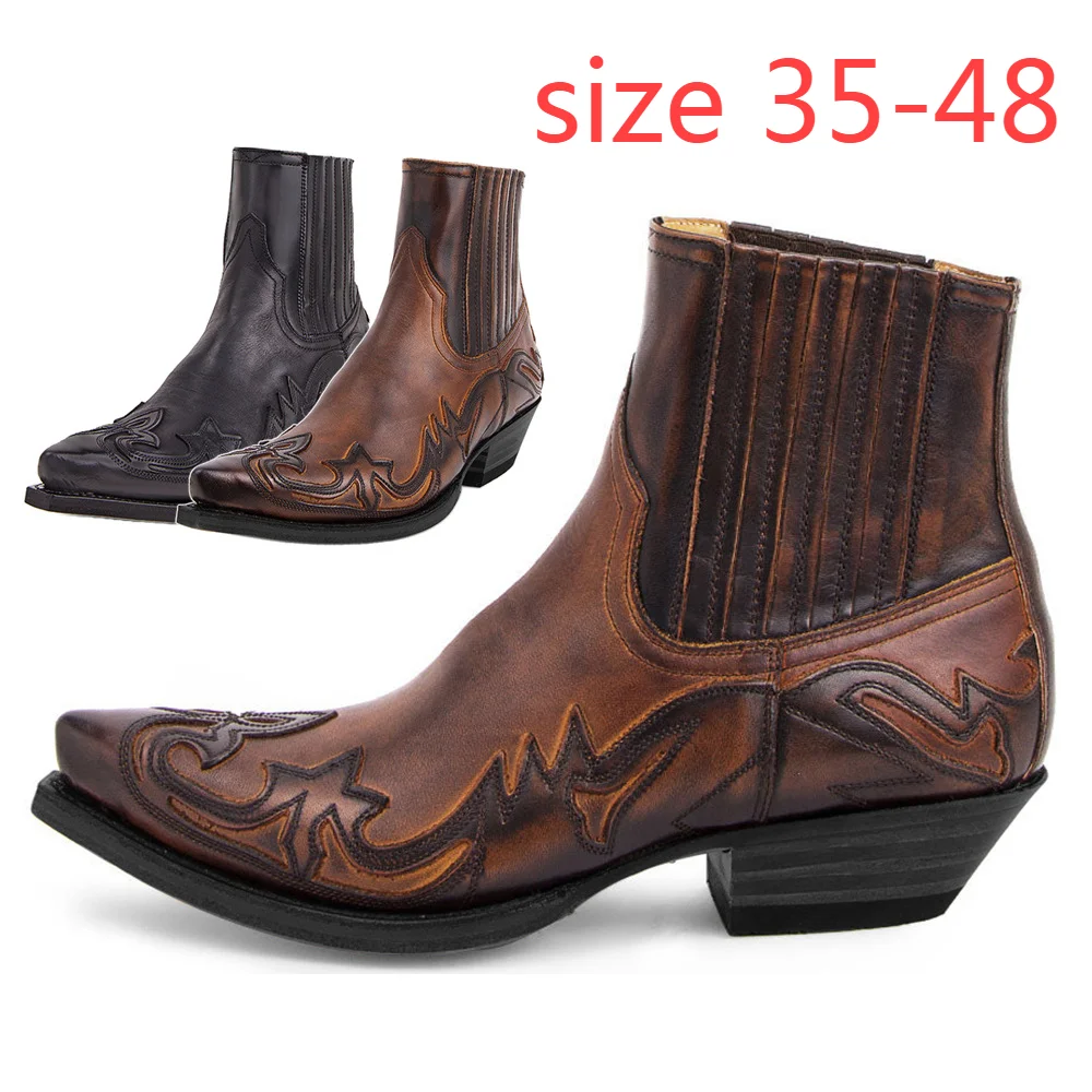 2024 stivali da Cowboy Western da uomo per uomo donna stivaletti in pelle uomo Retro ricamo Design scarpe a punta Plus Size 48