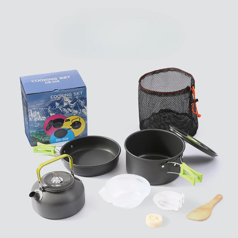 Conjunto de panelas ao ar livre portátil, Camping Cozinhando Chaleira, Panela com Acessórios de Louça, Acampamento Cozinhando Suprimentos para Caminhadas, Churrasco, Piquenique