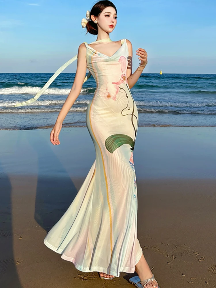 Summer Floral Chic Swinging Collar Sexy Sling Dress Women Boho Elegant Casual Holiday Dress 2025 Korean Bodycon Festival Dresses