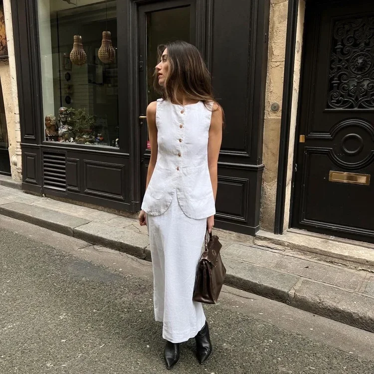 Conjunto de falda blanca con bolsillos para mujer, Top sin mangas con botonadura única, maxifalda con abertura, trajes elegantes de 2 piezas a la moda de verano, 2024