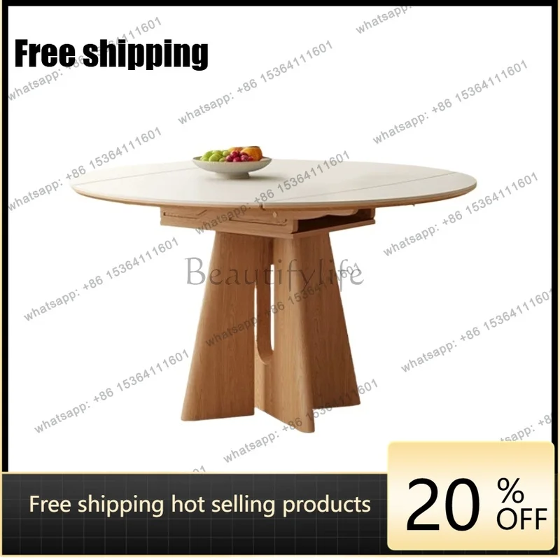 YJ retractable travertine slate log color round dining table Japanese cream wind folding stretch table
