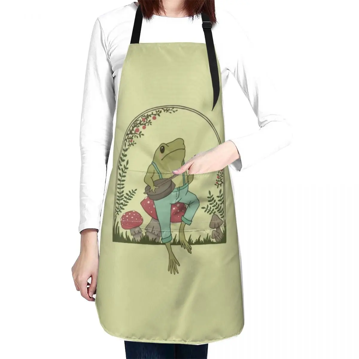 Cottagecore Aesthetic Frog Playing Banjo on Mushroom: Cute Vintage Goblincore Farmer Toad in Garden, Emo Grunge Fairycore Apron