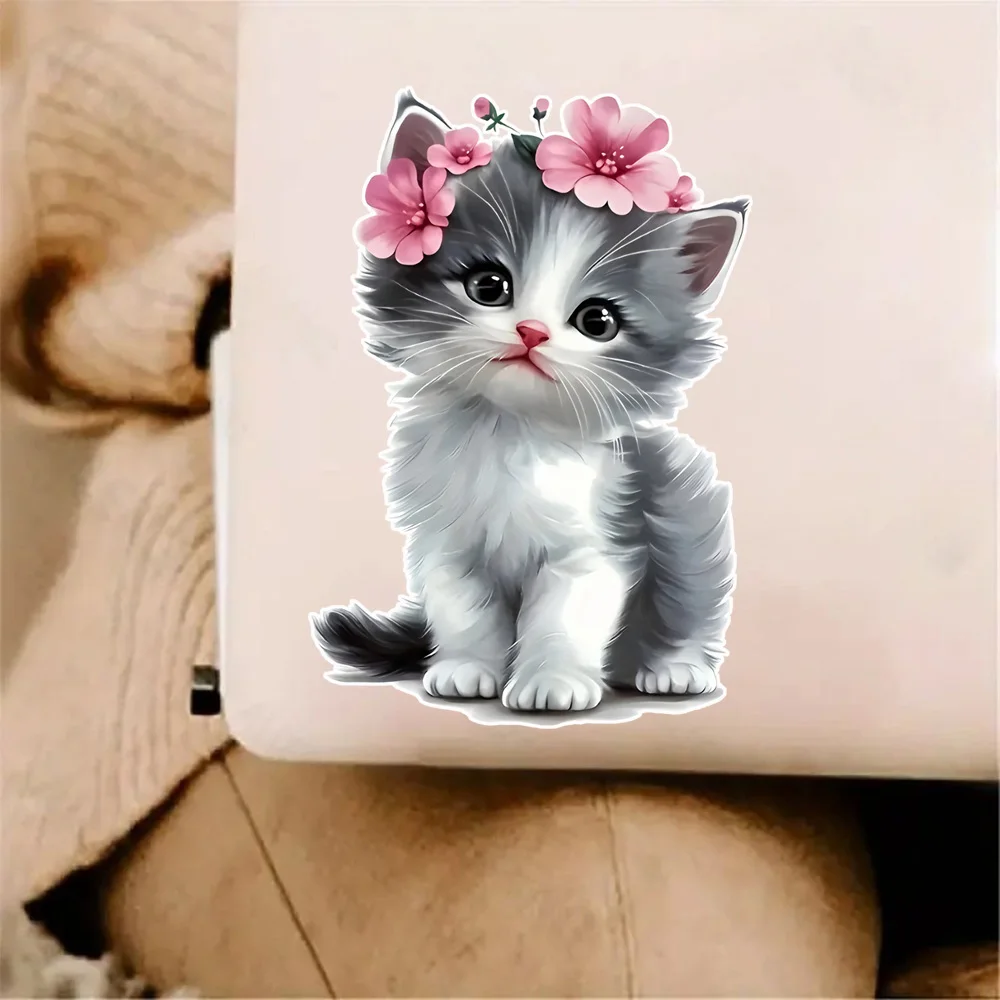 9x13cm 花と愛らしい子猫の車のステッカー、傷つきにくいオートバイやバンパーの装飾ステッカー、車に適しています。